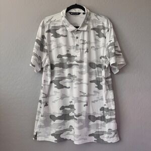 Travis Mathew Golf Polo Shirt XL White Gray Camo Island Print Short Sleeve